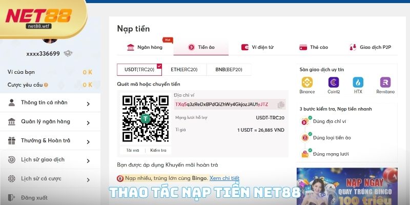 Thao tác nạp tiền NET88